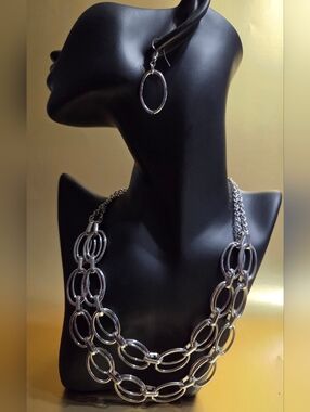 paparazzi Silver Multi-Row Oval Link Necklace and Earrings Set